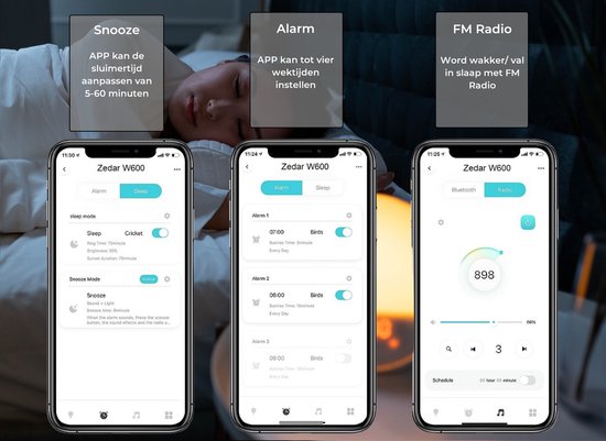 Wake up light met APP - digitale wekker slaapkamer - Lichtwekker - Natuurlijke geluiden - FM Radio