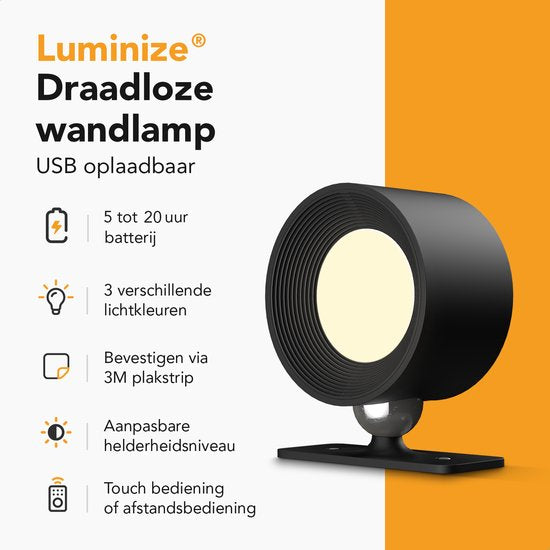 Wandlamp zwart- oplaadbaar – met afstandsbediening (ACTIE 1+1 gratis)